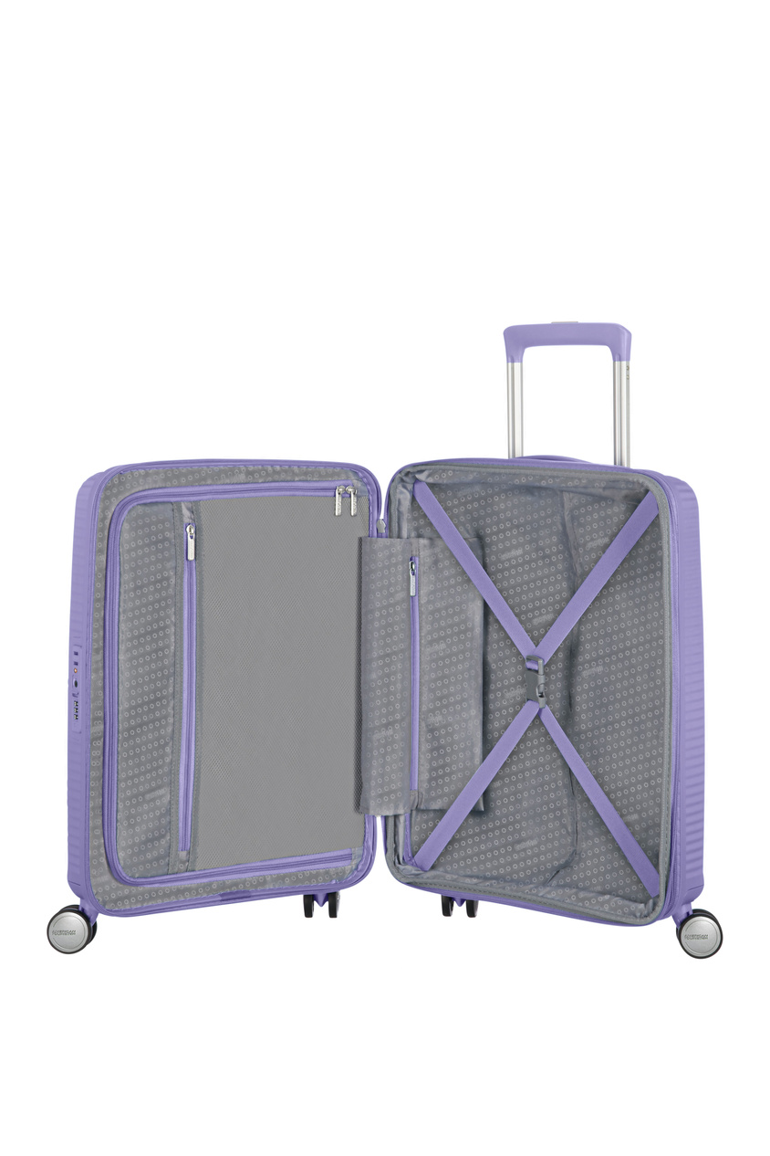 Walizka kabinowa American Tourister Soundbox 55cm powiększana fioletowa